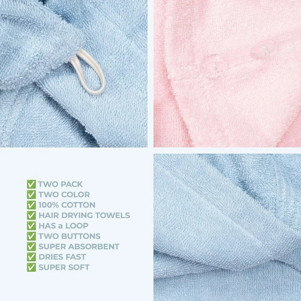 Cotton Hair Towels Women 26x10 Soft Absorbent Turban Wrap 2-Pack